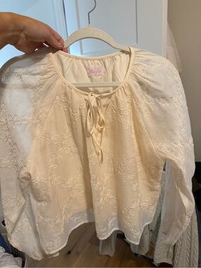 Pink Lily Cream Eyelet Tie-Neck Blouse